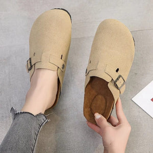 DeeTrade Fashion Women Suede Slippers Wedges Heel Cork Mules Platform Clog Non Slip Sole Buckle Outdoor Home Shoes