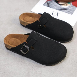 DeeTrade Fashion Women Suede Slippers Wedges Heel Cork Mules Platform Clog Non Slip Sole Buckle Outdoor Home Shoes
